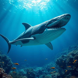 An ultra mega gigantic megalodon swimming majestically in deep ocean waters, showcasing its massive size and powerful physique