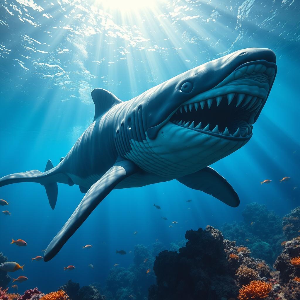 An ultra mega gigantic megalodon swimming majestically in deep ocean waters, showcasing its massive size and powerful physique