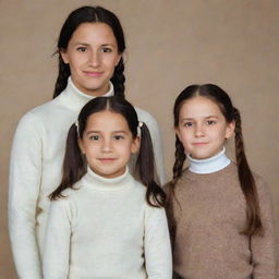 A family portrait featuring a 5-year-old girl with black hair and eyes, a 12-year-old girl with brown hair in two ponytails and brown eyes, and a 25-year-old woman with brown hair wearing a white turtleneck sweater.