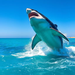 An ultra mega gigantic megalodon leaping powerfully out of the ocean, with its massive body arcing gracefully through the air