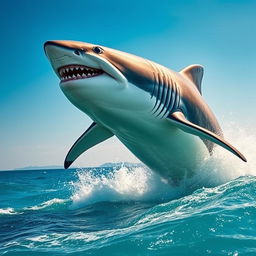 An ultra mega gigantic megalodon leaping powerfully out of the ocean, with its massive body arcing gracefully through the air