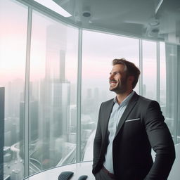 A successful businessman in a sleek, modern office, confident and happy, surrounded by state-of-the-art technology and city views.