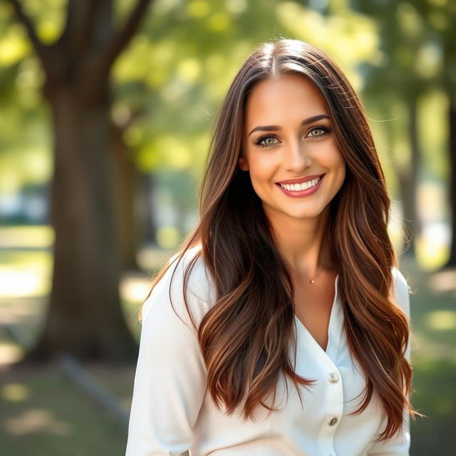 A beautiful portrait of a woman named Katie Douglas, characterized by her long brown hair cascading down her shoulders, bright green eyes that sparkle with warmth, and a friendly smile