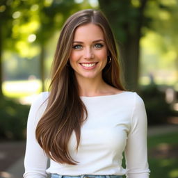 A beautiful portrait of a woman named Katie Douglas, characterized by her long brown hair cascading down her shoulders, bright green eyes that sparkle with warmth, and a friendly smile