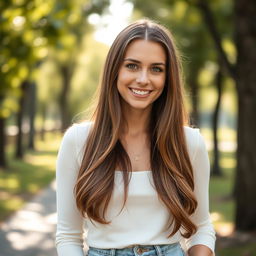 A beautiful portrait of a woman named Katie Douglas, characterized by her long brown hair cascading down her shoulders, bright green eyes that sparkle with warmth, and a friendly smile