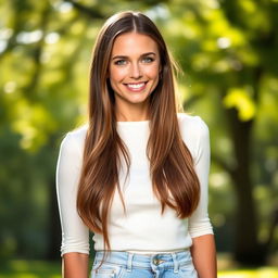 A beautiful portrait of a woman named Katie Douglas, characterized by her long brown hair cascading down her shoulders, bright green eyes that sparkle with warmth, and a friendly smile