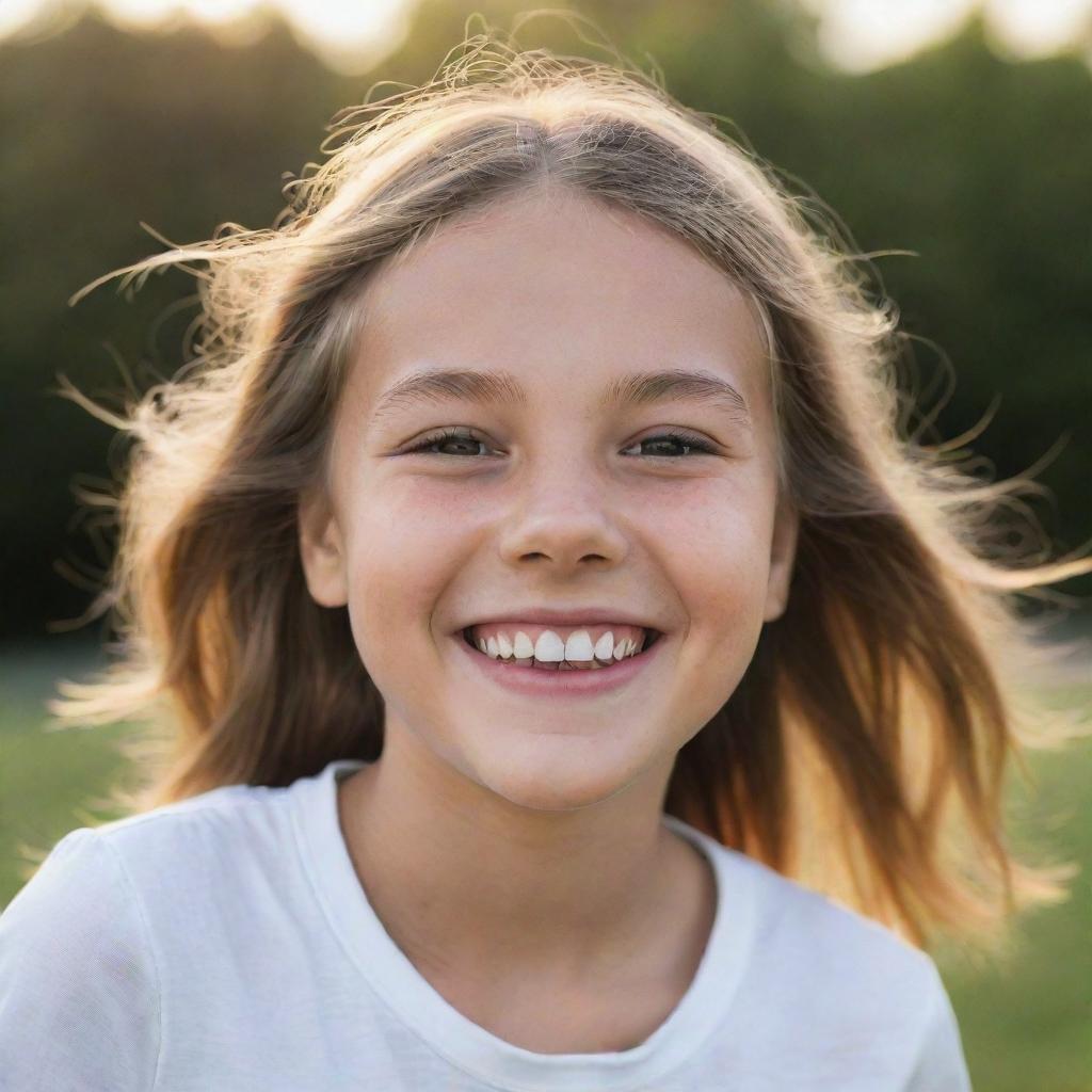 Portrait of a young girl in a natural, daylight setting, having a genuine, warm smile on her face. She appears carefree and joyous.