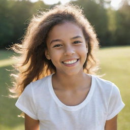 Portrait of a young girl in a natural, daylight setting, having a genuine, warm smile on her face. She appears carefree and joyous.