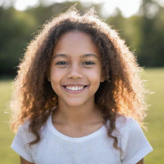 Portrait of a young girl in a natural, daylight setting, having a genuine, warm smile on her face. She appears carefree and joyous.