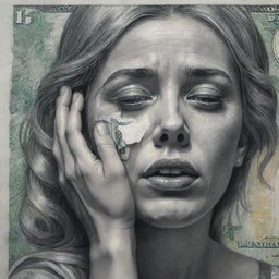 Artistic interpretation of a girl weeping, her tears magically transforming into banknotes as they roll down her cheeks. Depict a surreal blend of sorrow and wealth.