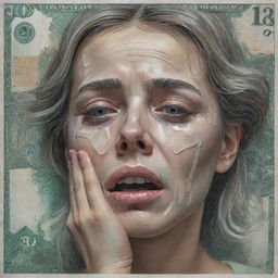 Artistic interpretation of a girl weeping, her tears magically transforming into banknotes as they roll down her cheeks. Depict a surreal blend of sorrow and wealth.