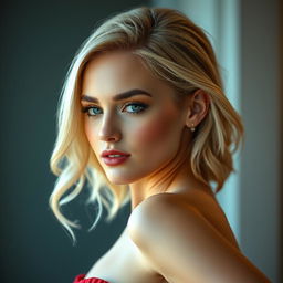 A beautiful, alluring hot blonde woman, radiating confidence and sensuality, posed elegantly in a softly lit environment