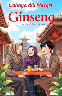 A novel cover for 'Cahaya di Negri Ginseng' featuring a vibrant and culturally rich background characteristic of Korea