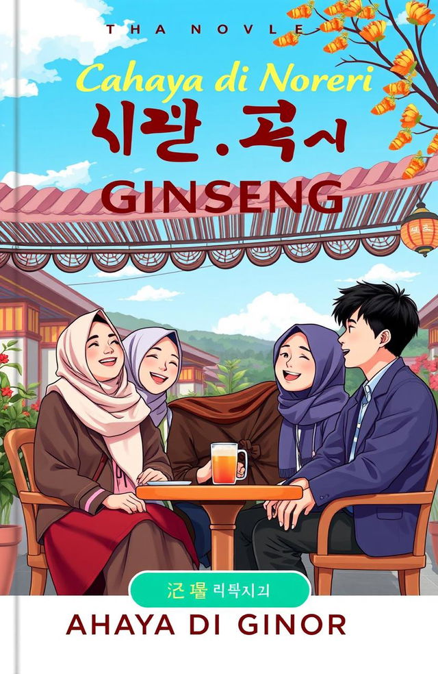 A novel cover for 'Cahaya di Negri Ginseng' featuring a vibrant and culturally rich background characteristic of Korea