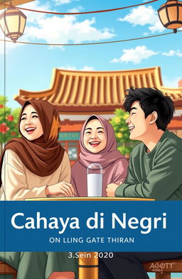 A novel cover for 'Cahaya di Negri Ginseng' featuring a vibrant and culturally rich background characteristic of Korea