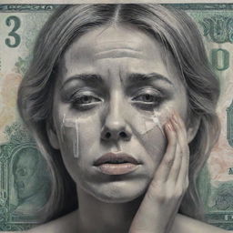 Artistic interpretation of a girl weeping, her tears magically transforming into banknotes as they roll down her cheeks. Depict a surreal blend of sorrow and wealth.