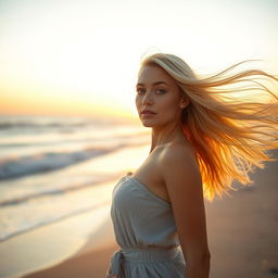 A beautiful blonde woman standing confidently, her hair flowing in a gentle breeze