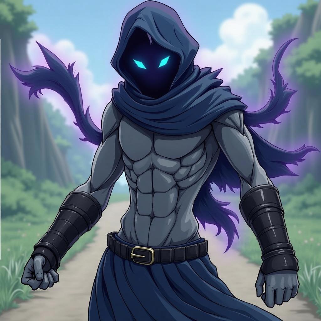 An anime art piece in the style of JoJo's Bizarre Adventure featuring a sleek, shadowy figure with a lean, muscular build and grey mechanical skin