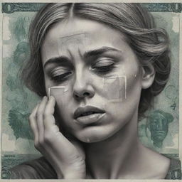 Artistic interpretation of a girl weeping, her tears magically transforming into banknotes as they roll down her cheeks. Depict a surreal blend of sorrow and wealth.