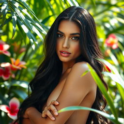 A stunning Latina woman with long, flowing dark hair, posed gracefully in a lush tropical garden