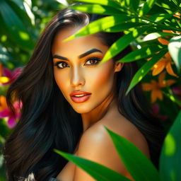 A stunning Latina woman with long, flowing dark hair, posed gracefully in a lush tropical garden