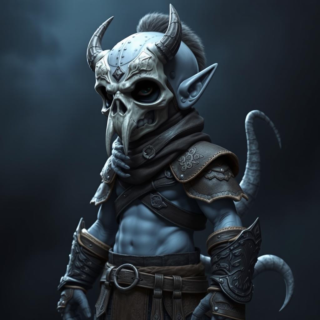 A short blueish gray humanoid character with a distinctive forked tail, wearing a grey skull mask that obscures the face, and clad in rugged leather armor