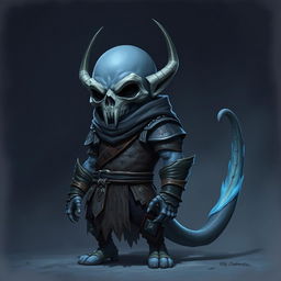 A short blueish gray humanoid character with a distinctive forked tail, wearing a grey skull mask that obscures the face, and clad in rugged leather armor