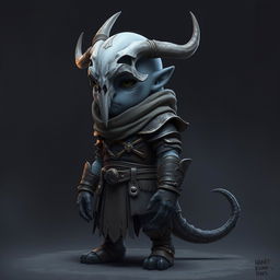 A short blueish gray humanoid character with a distinctive forked tail, wearing a grey skull mask that obscures the face, and clad in rugged leather armor