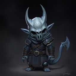 A short blueish gray humanoid character with a distinctive forked tail, wearing a grey skull mask that obscures the face, and clad in rugged leather armor