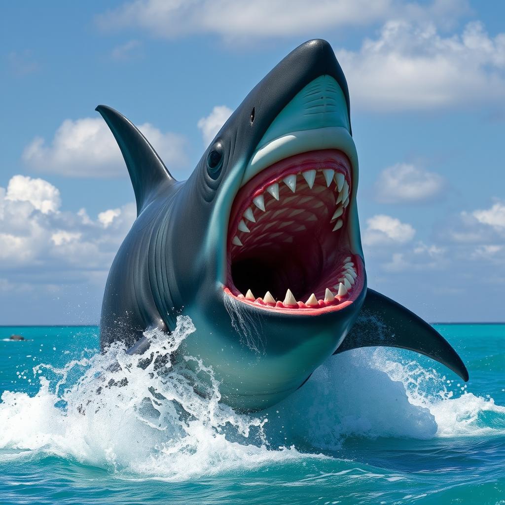 An ultra mega gigantic megalodon leaping powerfully out of the stunning turquoise ocean, with its enormous jaws wide open revealing bright red gums and teeth, creating a striking contrast against its dark, powerful body