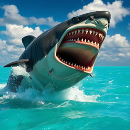 An ultra mega gigantic megalodon leaping powerfully out of the stunning turquoise ocean, with its enormous jaws wide open revealing bright red gums and teeth, creating a striking contrast against its dark, powerful body