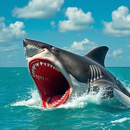 An ultra mega gigantic megalodon leaping powerfully out of the stunning turquoise ocean, with its enormous jaws wide open revealing bright red gums and teeth, creating a striking contrast against its dark, powerful body