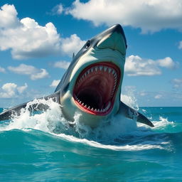 An ultra mega gigantic megalodon leaping powerfully out of the stunning turquoise ocean, with its enormous jaws wide open revealing bright red gums and teeth, creating a striking contrast against its dark, powerful body