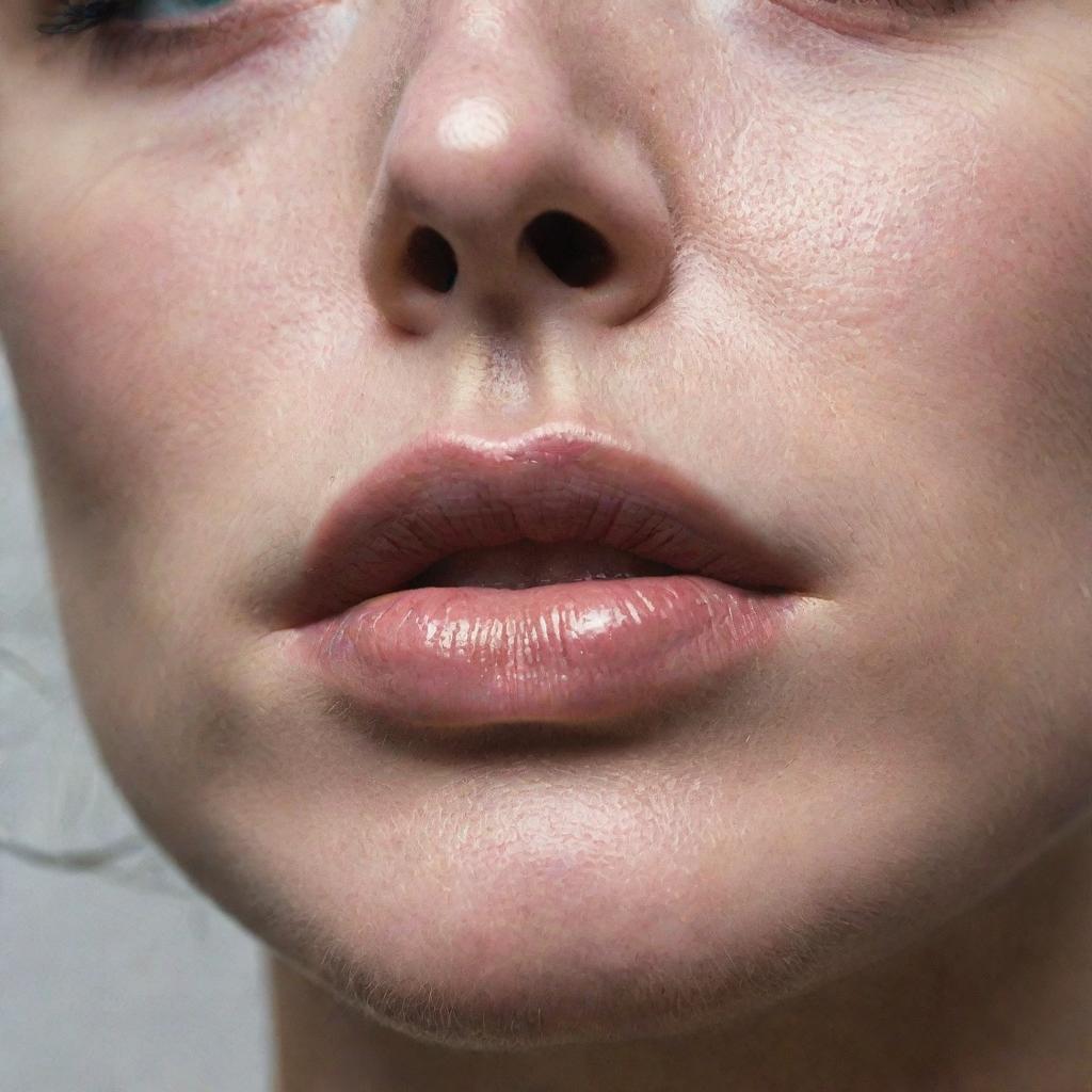 A close-up image of a woman's lips trembling in sadness, a solitary tear rolling down her cheek