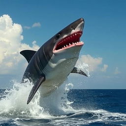 An ultra mega gigantic megalodon leaping dramatically out of the ocean, its massive body soaring into the air with immense power