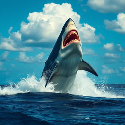 An ultra mega gigantic megalodon leaping dramatically out of the ocean, its massive body soaring into the air with immense power