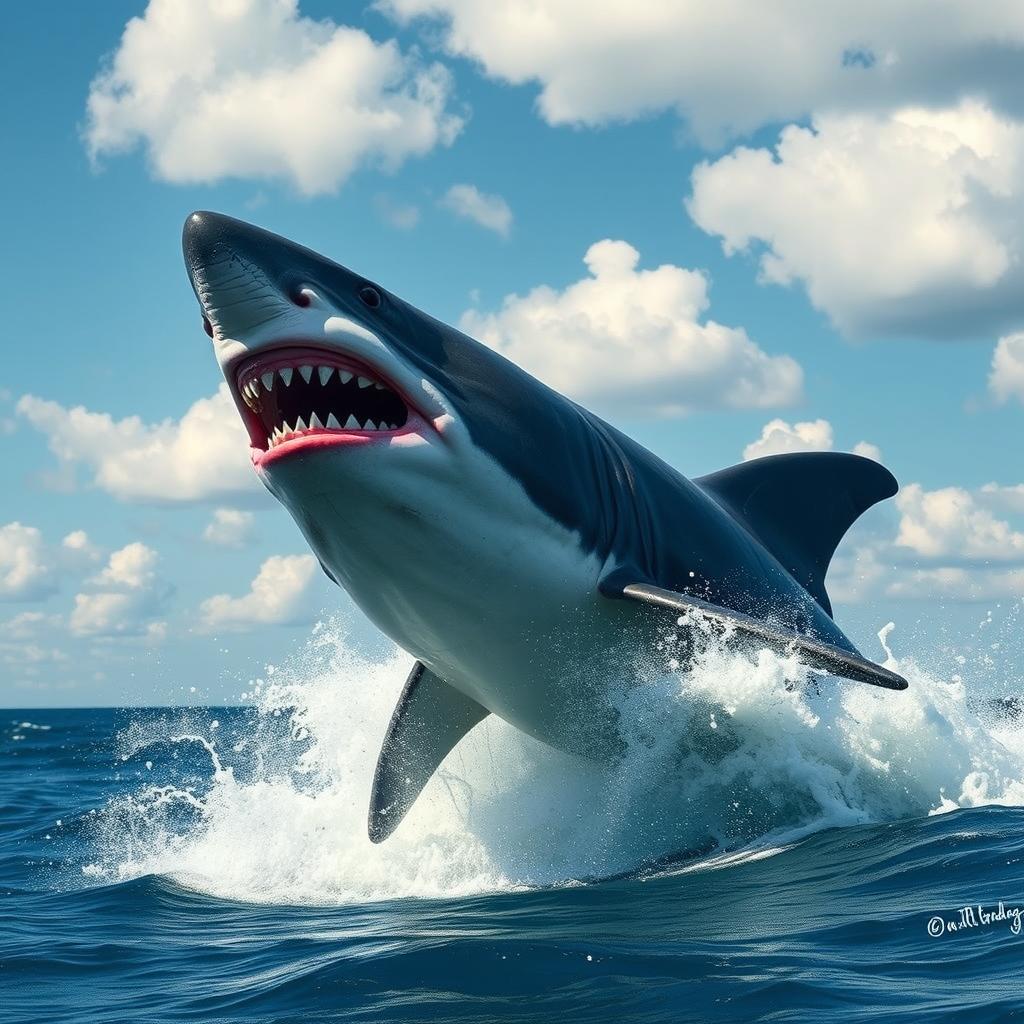 An ultra mega gigantic megalodon leaping dramatically out of the ocean, its massive body soaring into the air with immense power