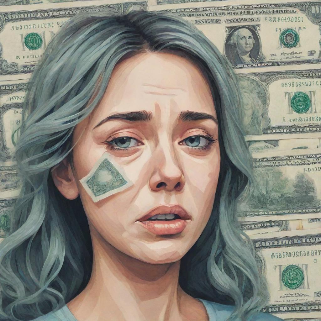 Illustrative, stylized art of a girl crying, each tear morphing into uniquely designed paper money as they descend. Give it an abstract and whimsical touch.