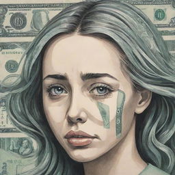 Illustrative, stylized art of a girl crying, each tear morphing into uniquely designed paper money as they descend. Give it an abstract and whimsical touch.