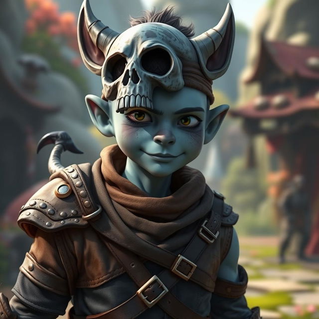 A normal sized human character with a blueish gray skin tone, featuring a distinctive forked tail