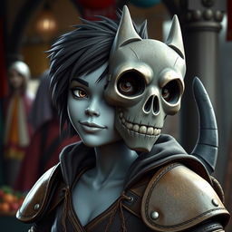 A normal sized human character with a blueish gray skin tone, featuring a unique forked tail