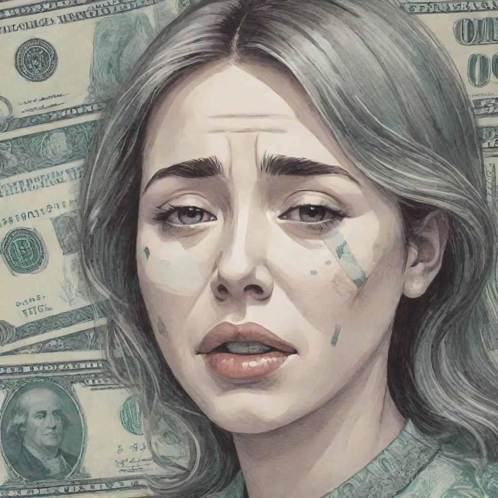 Illustrative, stylized art of a girl crying, each tear morphing into uniquely designed paper money as they descend. Give it an abstract and whimsical touch.