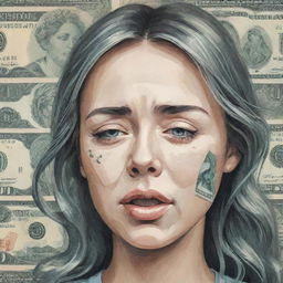 Illustrative, stylized art of a girl crying, each tear morphing into uniquely designed paper money as they descend. Give it an abstract and whimsical touch.