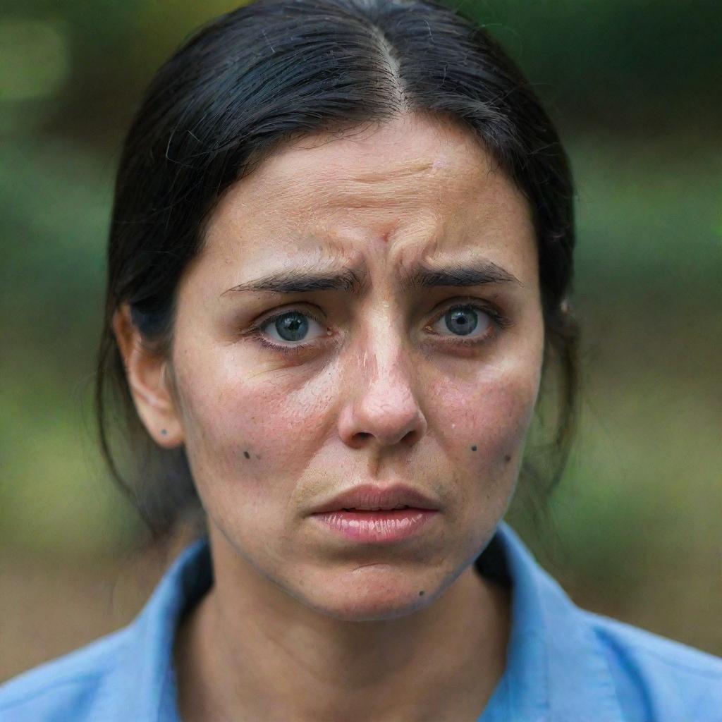 A woman dressed in a blue shirt, eyes welling up with tears, expressing deep sorrow