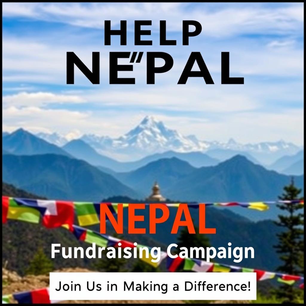 A compelling fundraising banner designed to support Nepal, showcasing a breathtaking view of the Himalayas, with Mount Everest majestically in sight