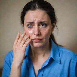 A woman dressed in a blue shirt, eyes welling up with tears, expressing deep sorrow