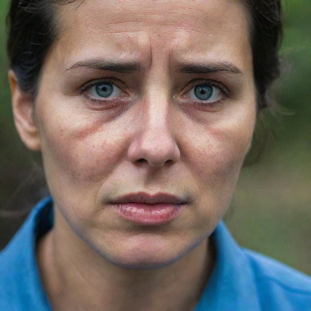 A woman dressed in a blue shirt, eyes welling up with tears, expressing deep sorrow