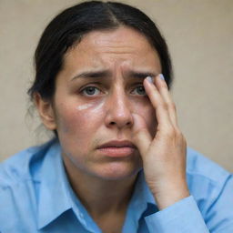 A woman dressed in a blue shirt, eyes welling up with tears, expressing deep sorrow