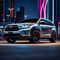 Futuristic design of a 2014 Toyota Highlander, showcasing wide tires and a widebody style