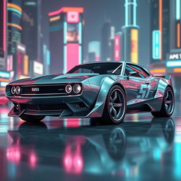 A futuristic supercar inspired by the classic 1968 Chevrolet Camaro, featuring a sleek widebody design and aggressive wide tires